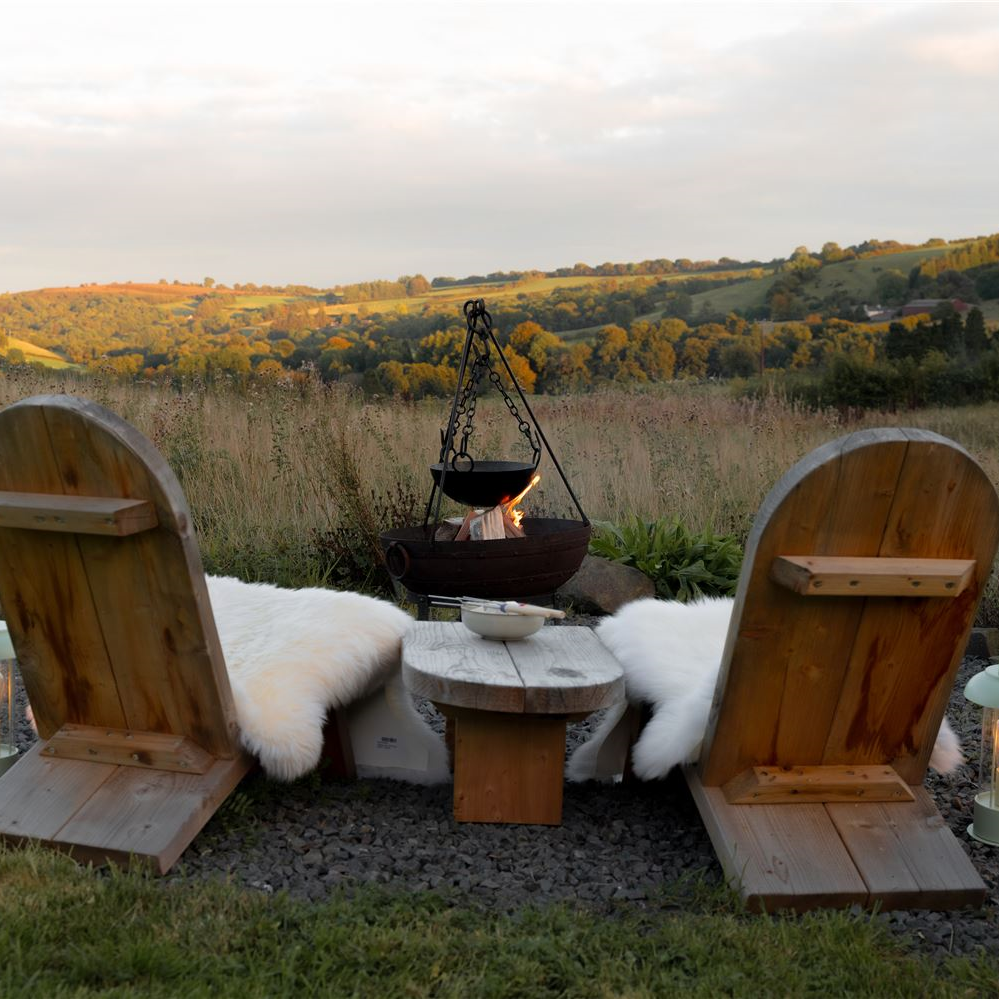 Fire pit area with Kadai firebowl and tripod. Outdoor eating with superb scenery Herefordshire border country