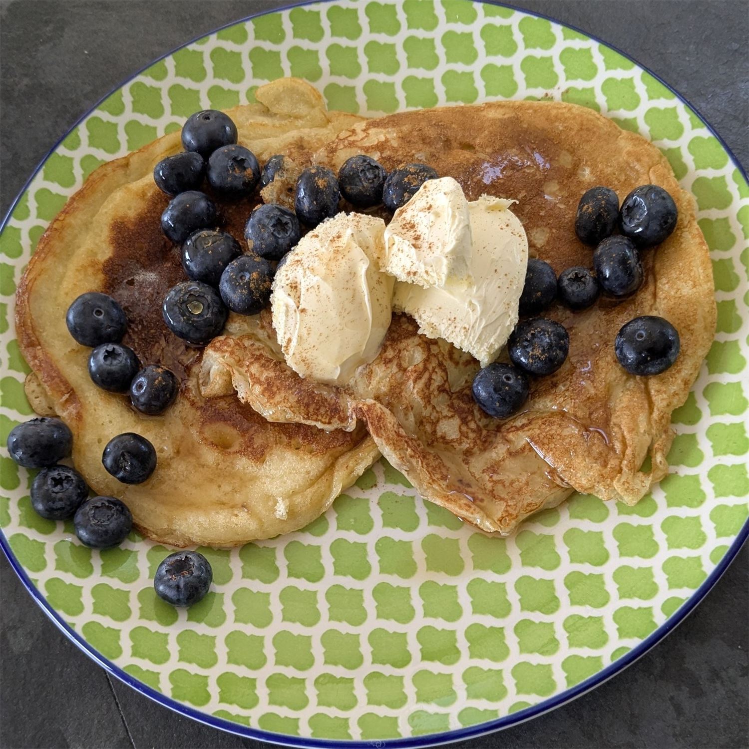 Fluffy Buttemilk Pancakes, Blueberries, Maple Syrup, Clotted Cream, Glamp Gourmet