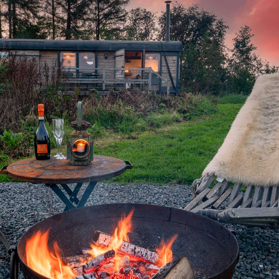 Fire pit area with Kadai firebowl and tripod. Outdoor eating with superb scenery Herefordshire border country